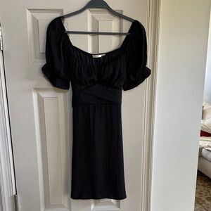 Black Mini Dress with Puff Sleeves Tie Back